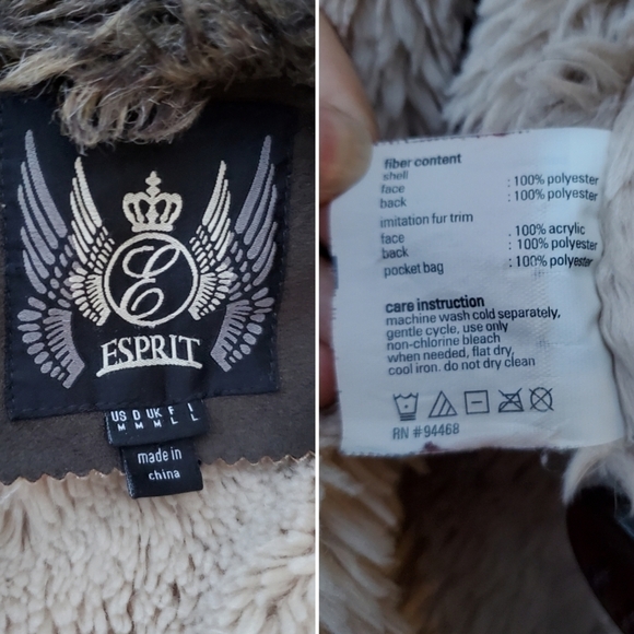 Vintage 90s y2k Esprit Brown Vegan Suede Faux Fur Collar Monster Penny Lane Coat - Picture 7 of 8